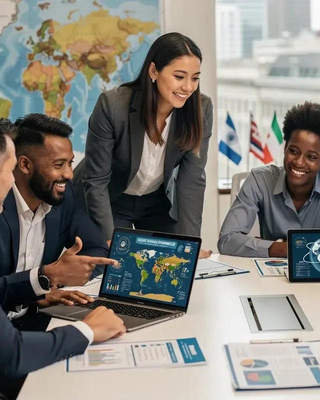 Colleagues gathered around a conference table, world maps on their screens and a wall map behind them.
