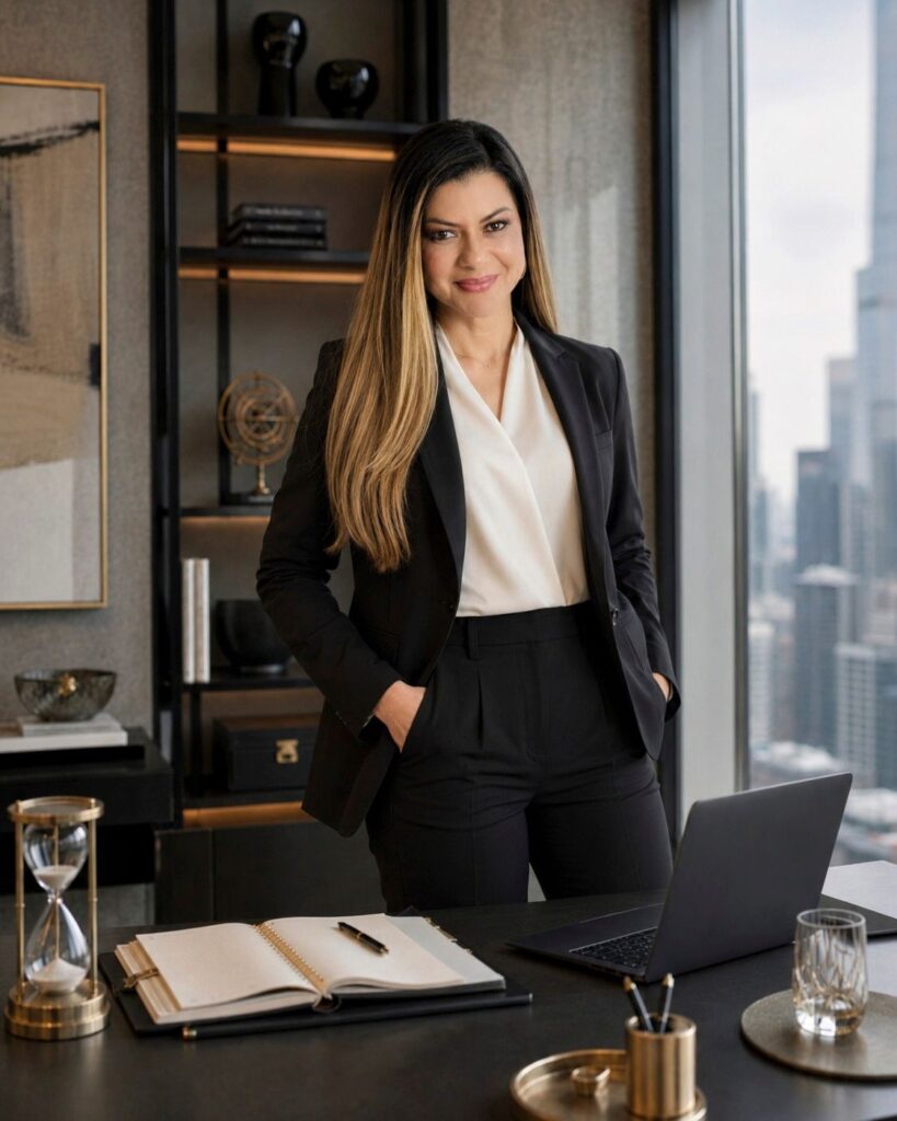 Priscila Zocchi standing at a desk in a high-rise office, city skyline behind her