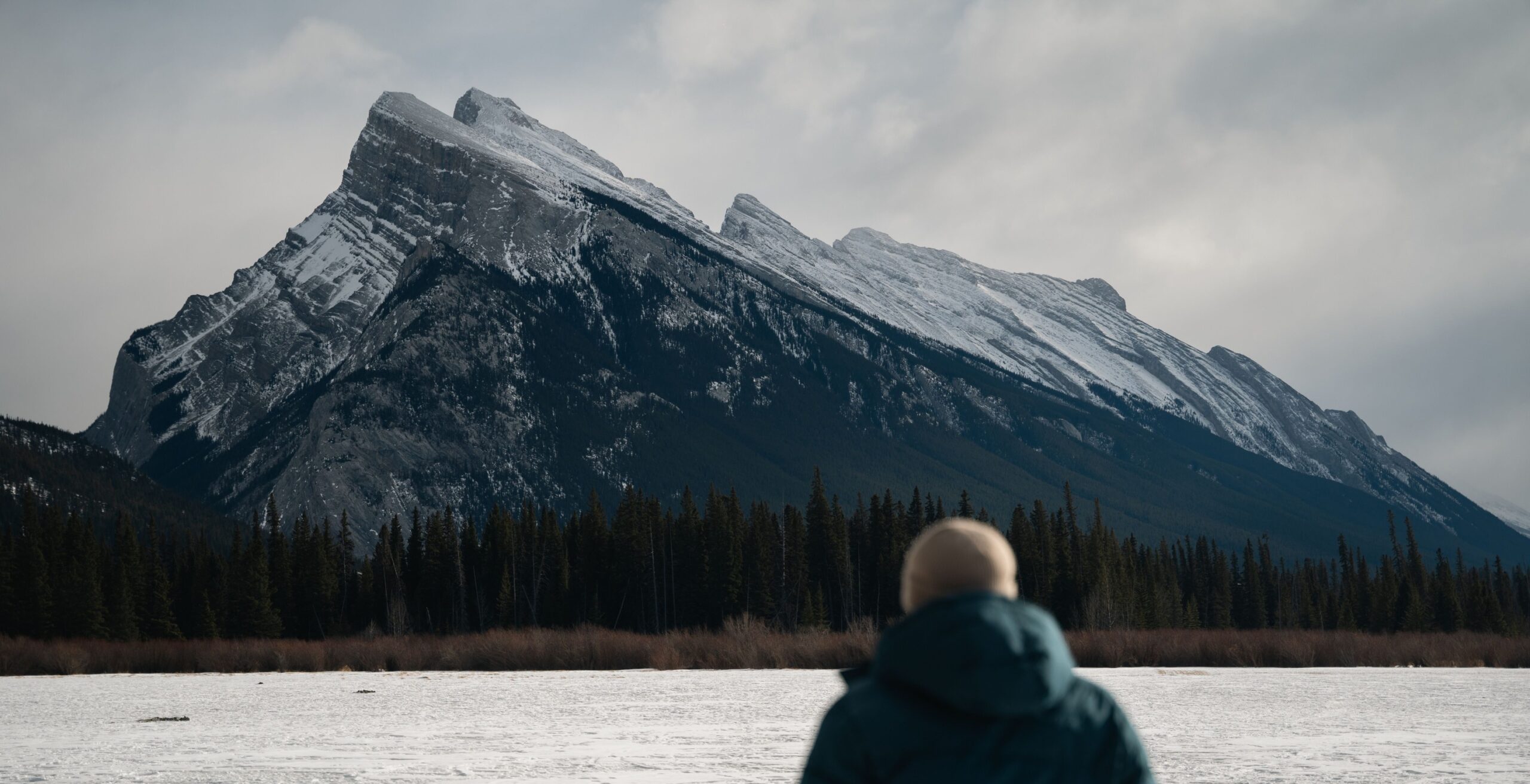 A figure in a dark winter parka stands with their back to the camera on a frozen lake, facing a snow-streaked mountain under an overcast sky.