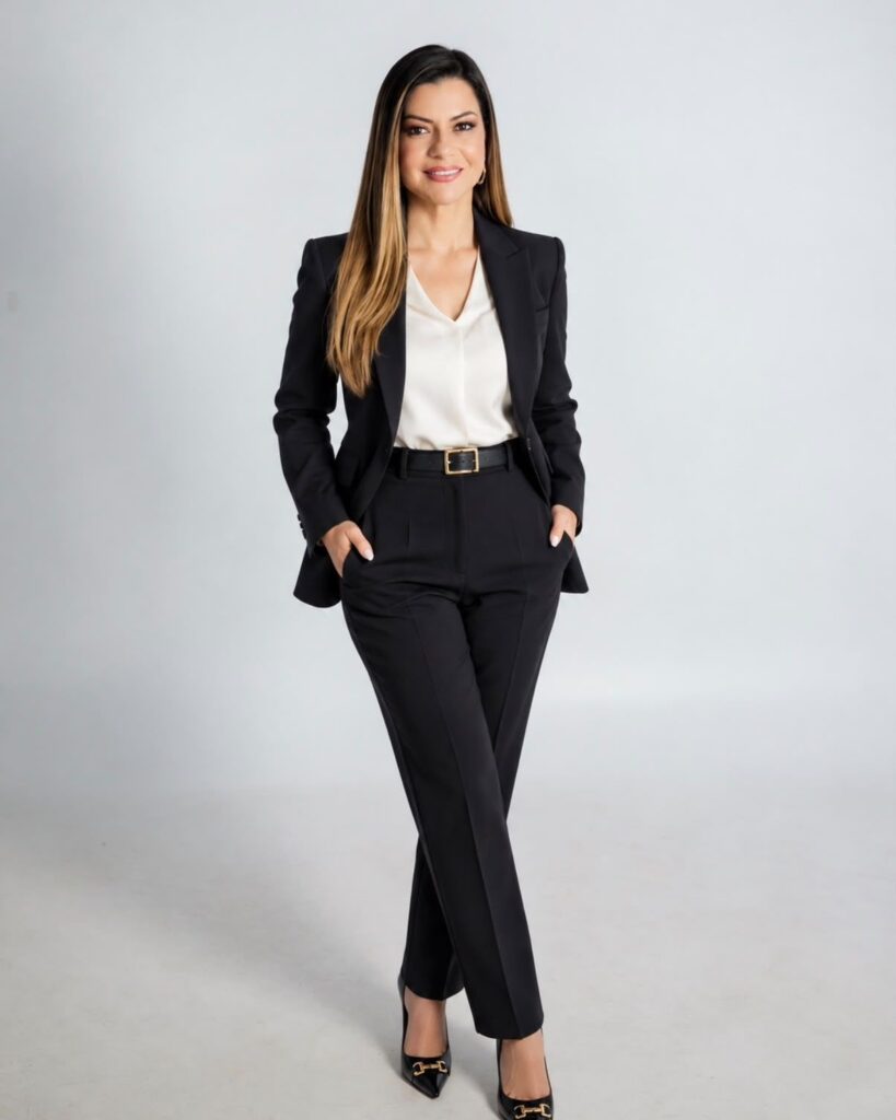A woman in a black suit and white blouse stands with her hands in her pockets against a pale grey studio backdrop.